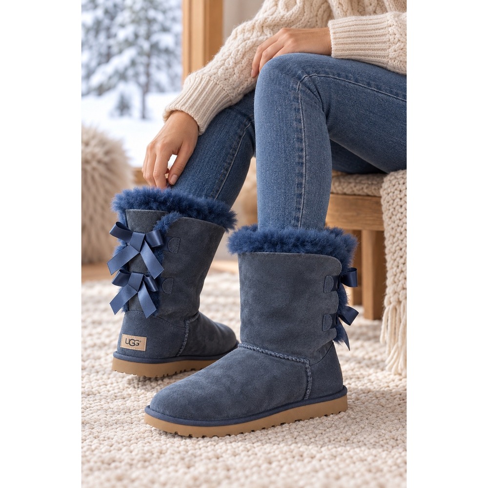 UGG Australia Bailey Bow II Blue Suede Sheepskin Boots 1002954 Womens 6